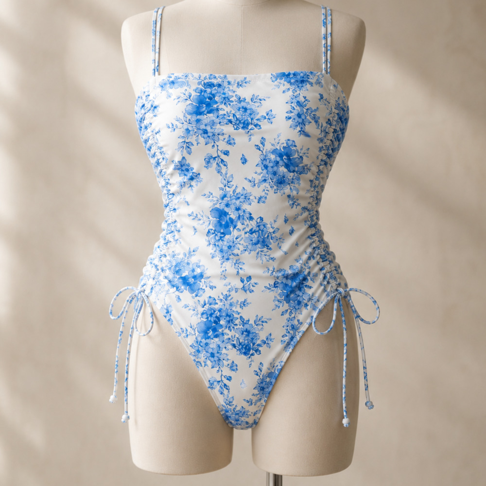 NWT Cottagecore One Piece Swimsuit Blue Floral Ruched Coquette Size XS